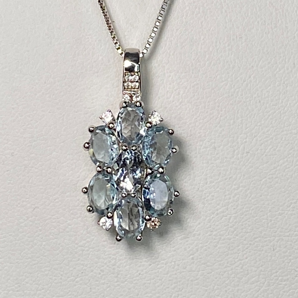 Brazilian Aquamarine & White Zircon Sterling Silver Necklace Women's 925 New